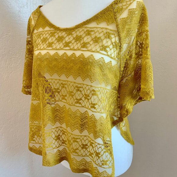 LOLA Mustard Yellow Lace Cropped Dolman Short Sleeve Top L - Picture 3 of 6